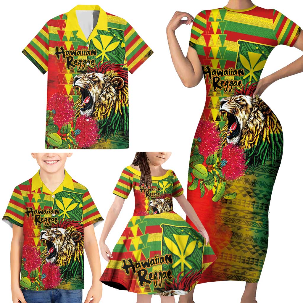 Hawaiian Reggae Family Matching Short Sleeve Bodycon Dress and Hawaiian Shirt Kakau Art Motifs with Ohia Lehua and Rastafari Lion - Polynesian Pride