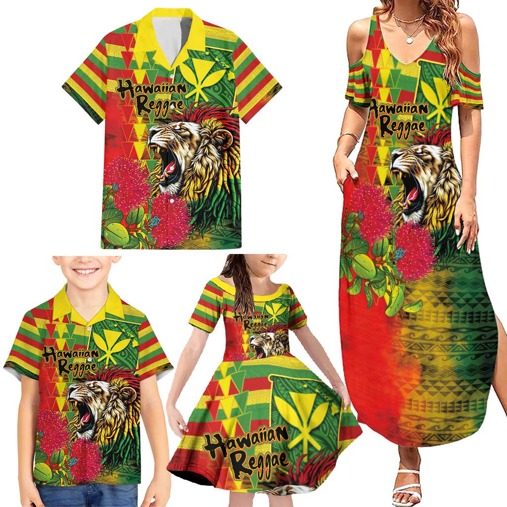 Hawaiian Reggae Family Matching Summer Maxi Dress and Hawaiian Shirt Kakau Art Motifs with Ohia Lehua and Rastafari Lion - Polynesian Pride