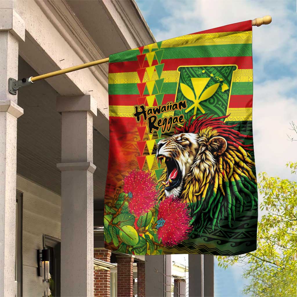 Hawaiian Reggae Garden Flag Kakau Art Motifs with Ohia Lehua and Rastafari Lion - Polynesian Pride