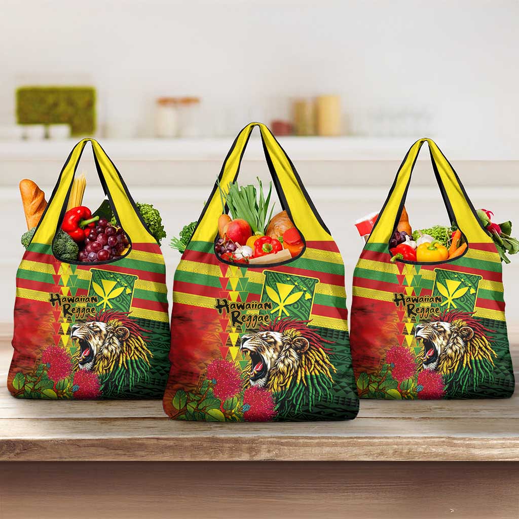 Hawaiian Reggae Grocery Bag Kakau Art Motifs with Ohia Lehua and Rastafari Lion - Polynesian Pride