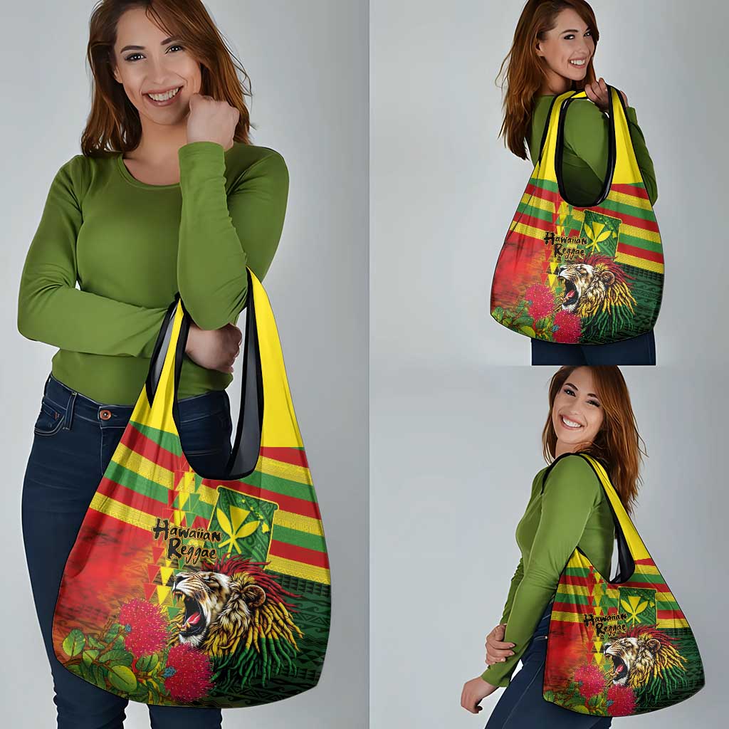 Hawaiian Reggae Grocery Bag Kakau Art Motifs with Ohia Lehua and Rastafari Lion - Polynesian Pride