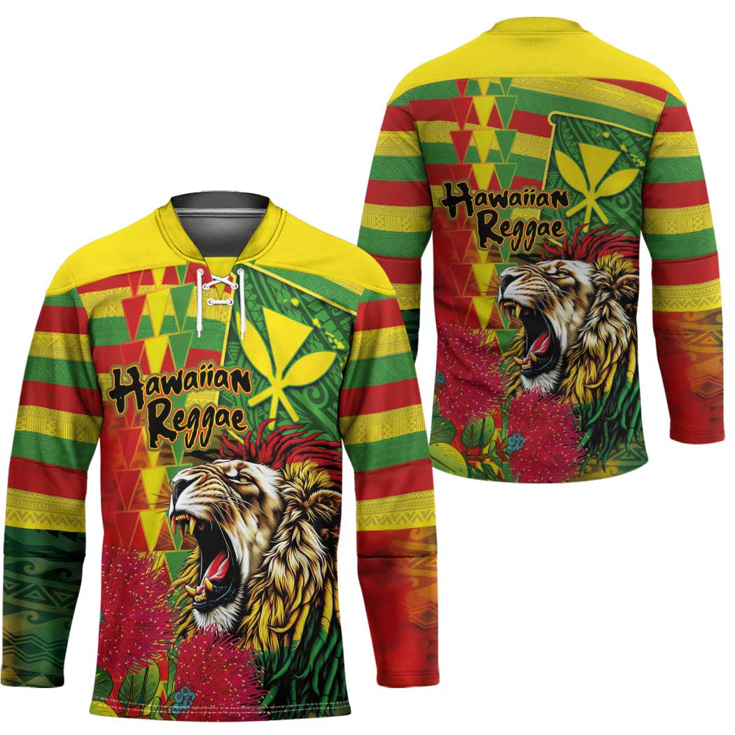 Hawaiian Reggae Hockey Jersey Kakau Art Motifs with Ohia Lehua and Rastafari Lion - Polynesian Pride
