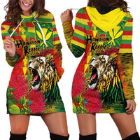Hawaiian Reggae Hoodie Dress Kakau Art Motifs with Ohia Lehua and Rastafari Lion - Polynesian Pride