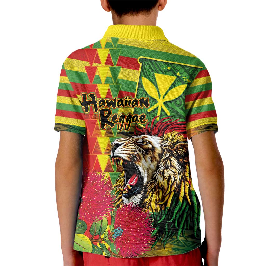 Hawaiian Reggae Kid Polo Shirt Kakau Art Motifs with Ohia Lehua and Rastafari Lion - Polynesian Pride