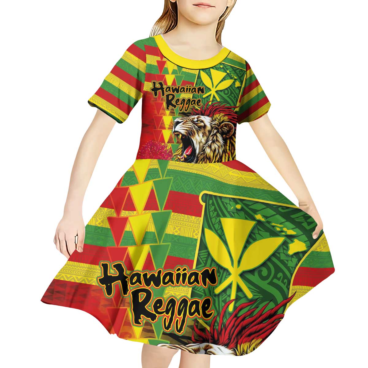 Hawaiian Reggae Kid Short Sleeve Dress Kakau Art Motifs with Ohia Lehua and Rastafari Lion - Polynesian Pride