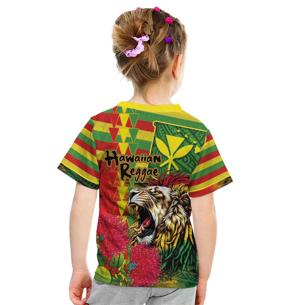 Hawaiian Reggae Kid T Shirt Kakau Art Motifs with Ohia Lehua and Rastafari Lion - Polynesian Pride
