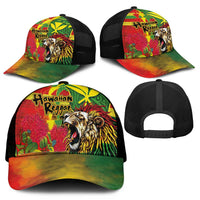 Hawaiian Reggae Mesh Trucker Cap Kakau Art Motifs with Ohia Lehua and Rastafari Lion - Polynesian Pride