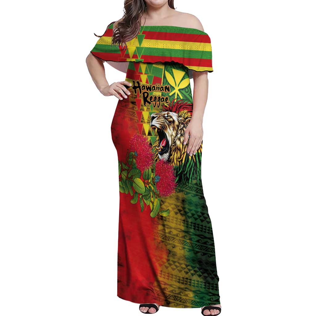 Hawaiian Reggae Off Shoulder Maxi Dress Kakau Art Motifs with Ohia Lehua and Rastafari Lion - Polynesian Pride
