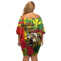 Hawaiian Reggae Off Shoulder Short Dress Kakau Art Motifs with Ohia Lehua and Rastafari Lion - Polynesian Pride