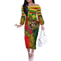Hawaiian Reggae Off The Shoulder Long Sleeve Dress Kakau Art Motifs with Ohia Lehua and Rastafari Lion - Polynesian Pride