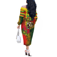 Hawaiian Reggae Off The Shoulder Long Sleeve Dress Kakau Art Motifs with Ohia Lehua and Rastafari Lion - Polynesian Pride