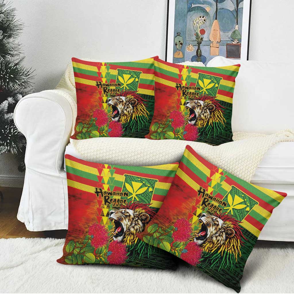 Hawaiian Reggae Pillow Cover Kakau Art Motifs with Ohia Lehua and Rastafari Lion - Polynesian Pride