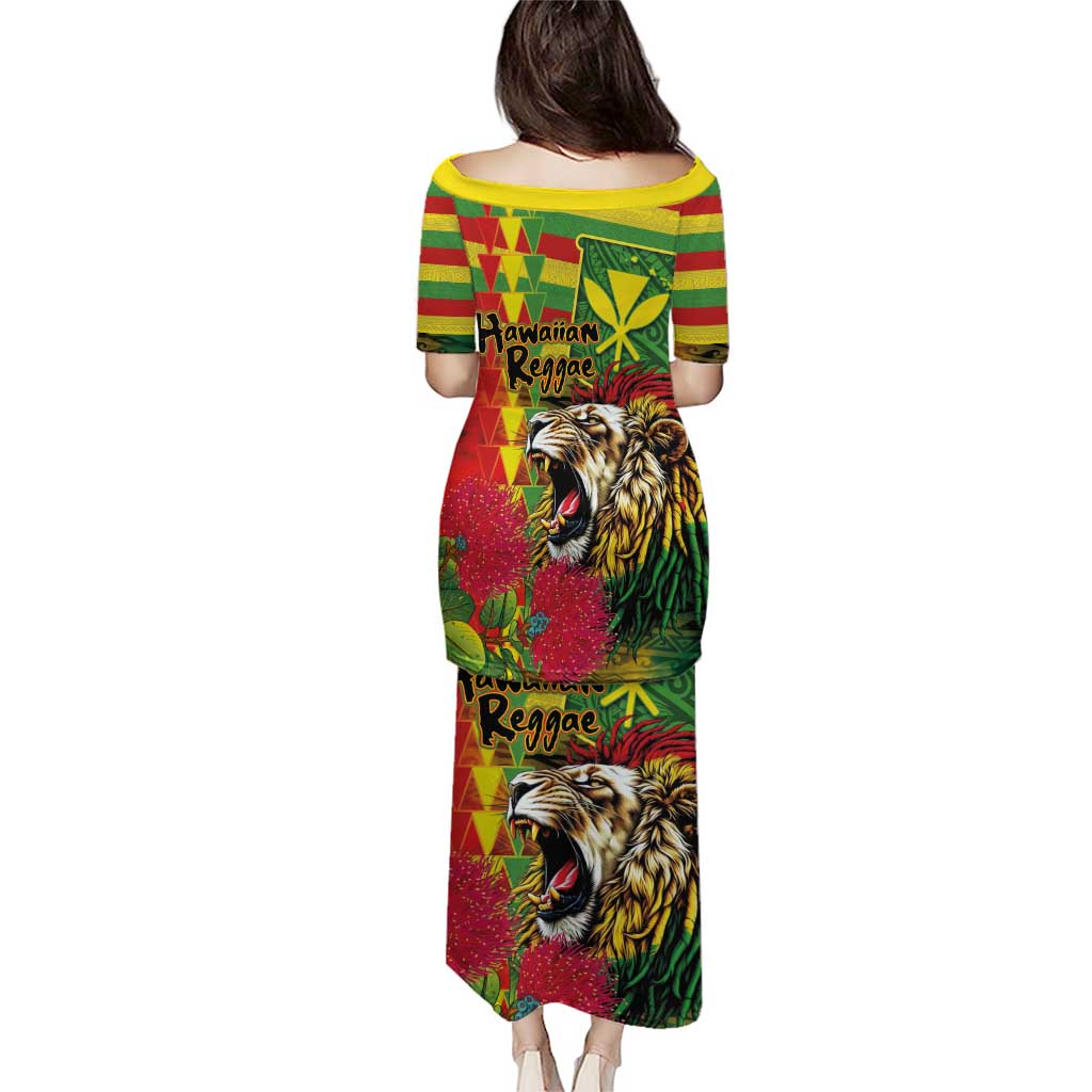 Hawaiian Reggae Puletasi Kakau Art Motifs with Ohia Lehua and Rastafari Lion - Polynesian Pride