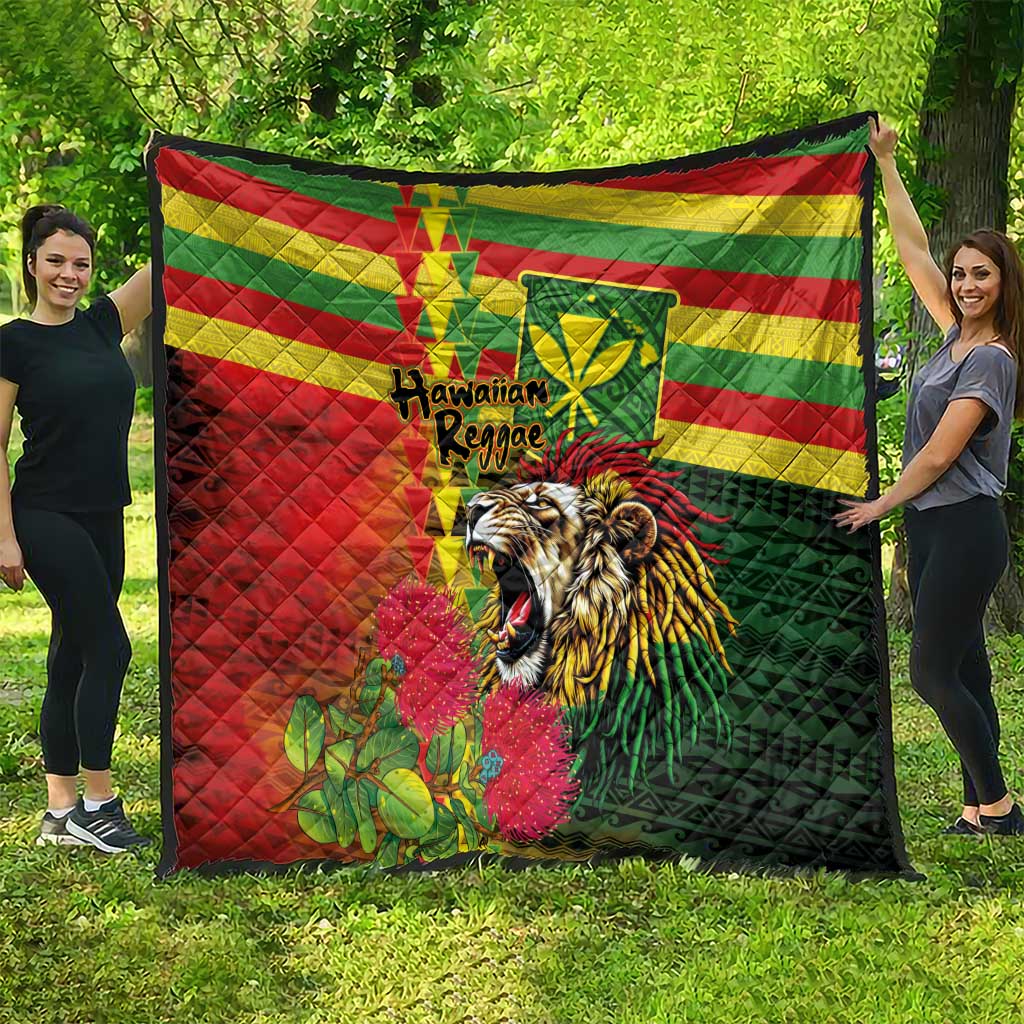 Hawaiian Reggae Quilt Kakau Art Motifs with Ohia Lehua and Rastafari Lion - Polynesian Pride