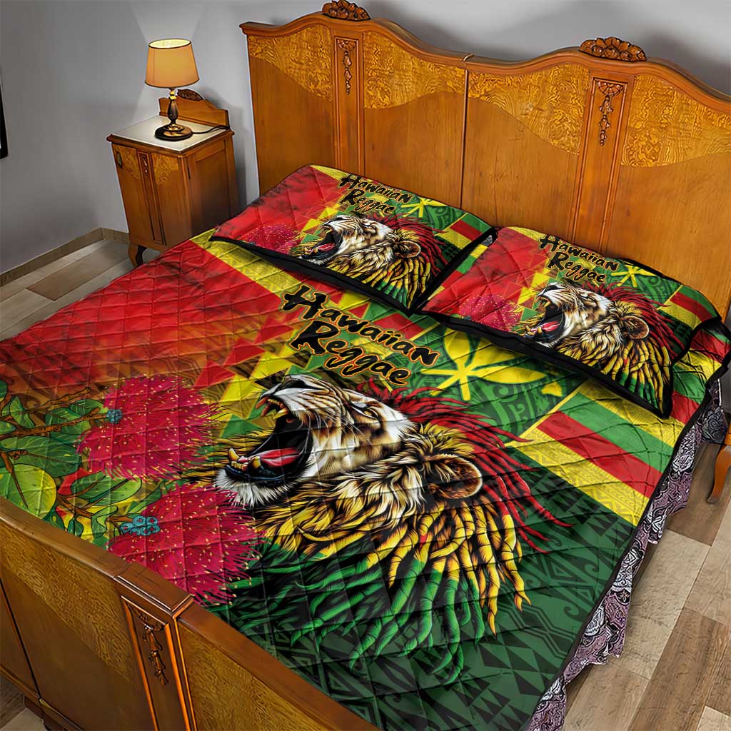 Hawaiian Reggae Quilt Bed Set Kakau Art Motifs with Ohia Lehua and Rastafari Lion - Polynesian Pride