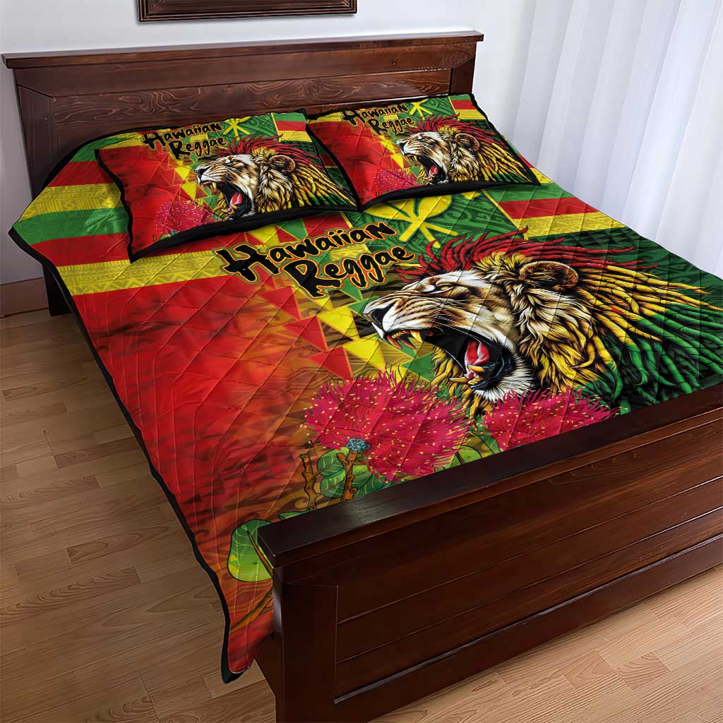 Hawaiian Reggae Quilt Bed Set Kakau Art Motifs with Ohia Lehua and Rastafari Lion - Polynesian Pride