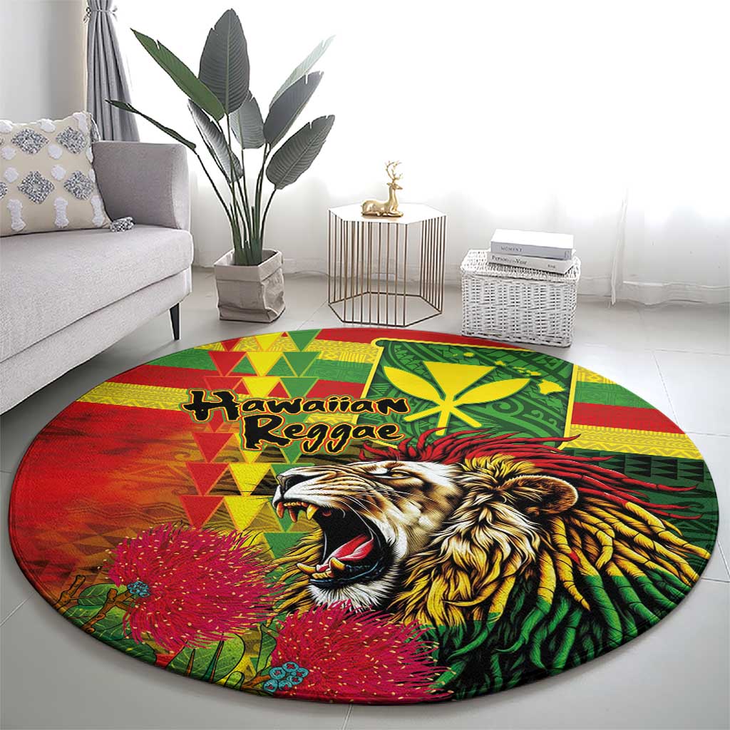Hawaiian Reggae Round Carpet Kakau Art Motifs with Ohia Lehua and Rastafari Lion - Polynesian Pride