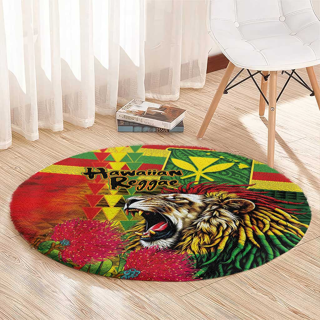 Hawaiian Reggae Round Carpet Kakau Art Motifs with Ohia Lehua and Rastafari Lion - Polynesian Pride
