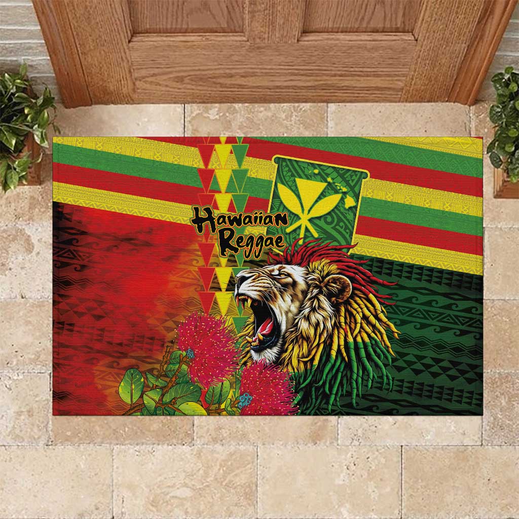 Hawaiian Reggae Rubber Doormat Kakau Art Motifs with Ohia Lehua and Rastafari Lion LT03 Multicolor - Polynesian Pride