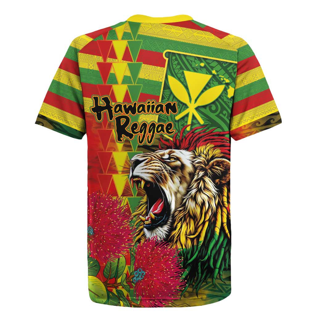 Hawaiian Reggae Rugby Jersey Kakau Art Motifs with Ohia Lehua and Rastafari Lion - Polynesian Pride
