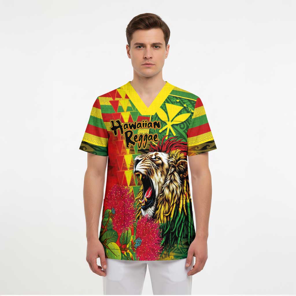 Hawaiian Reggae Scrub Top Kakau Art Motifs with Ohia Lehua and Rastafari Lion LT03 - Polynesian Pride
