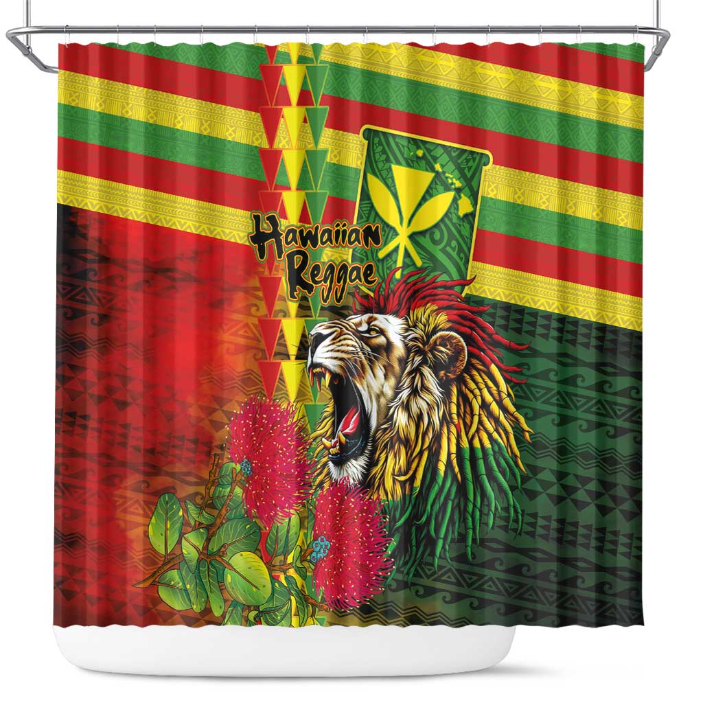 Hawaiian Reggae Shower Curtain Kakau Art Motifs with Ohia Lehua and Rastafari Lion - Polynesian Pride