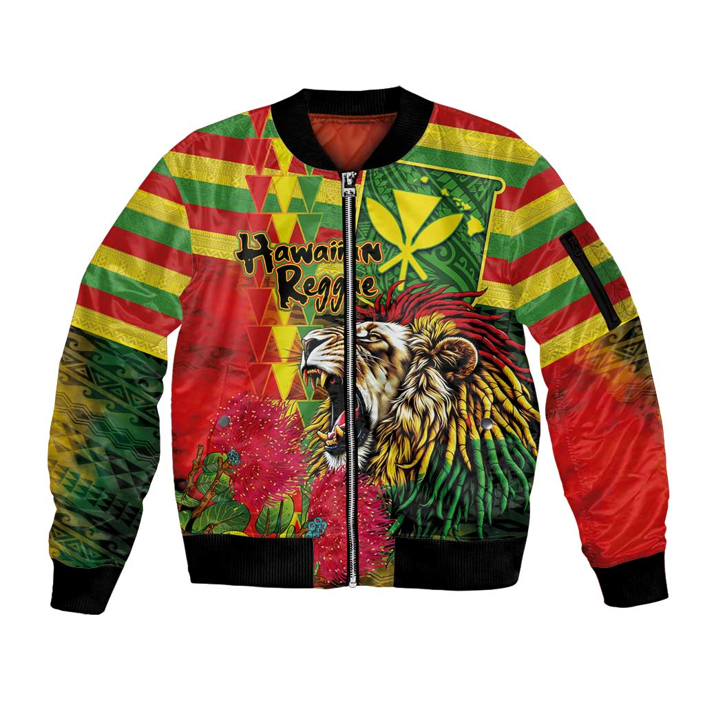 Hawaiian Reggae Sleeve Zip Bomber Jacket Kakau Art Motifs with Ohia Lehua and Rastafari Lion - Polynesian Pride