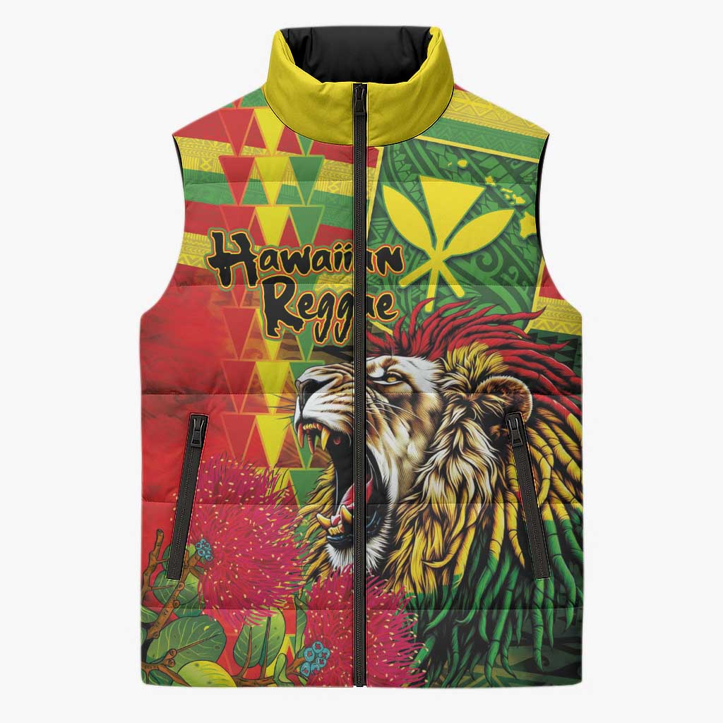 Hawaiian Reggae Sleeveless Puffer Jacket Kakau Art Motifs with Ohia Lehua and Rastafari Lion LT03 Unisex Multicolor - Polynesian Pride