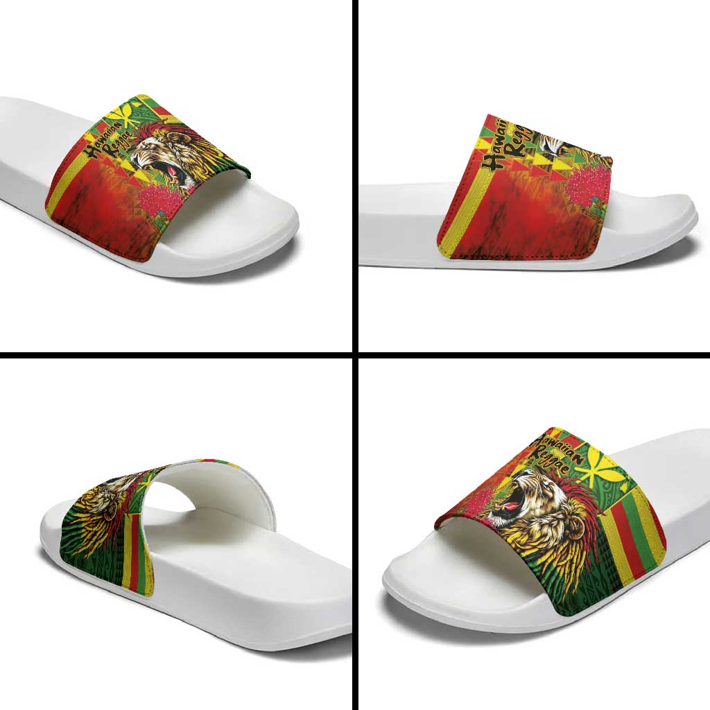 Hawaiian Reggae Slide Sandals Kakau Art Motifs with Ohia Lehua and Rastafari Lion - Polynesian Pride