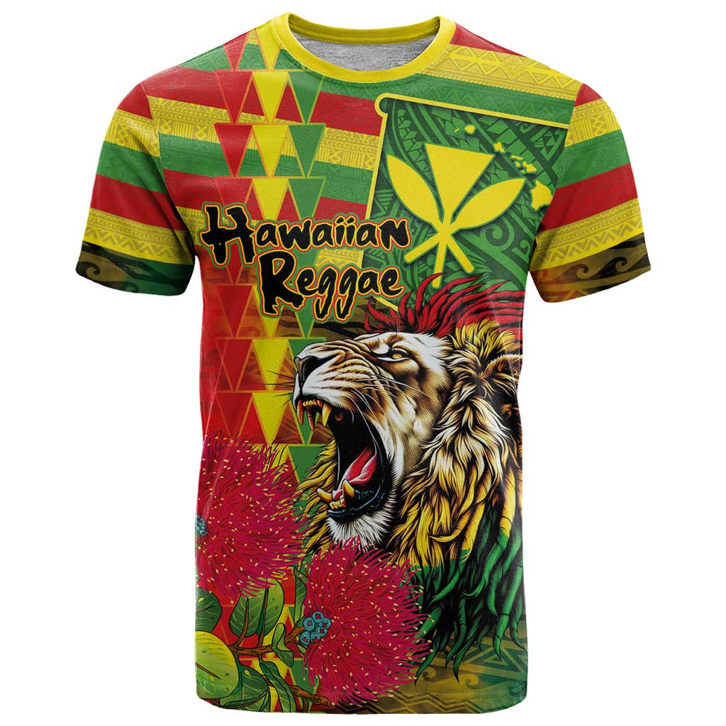 Hawaiian Reggae T Shirt Kakau Art Motifs with Ohia Lehua and Rastafari Lion - Polynesian Pride