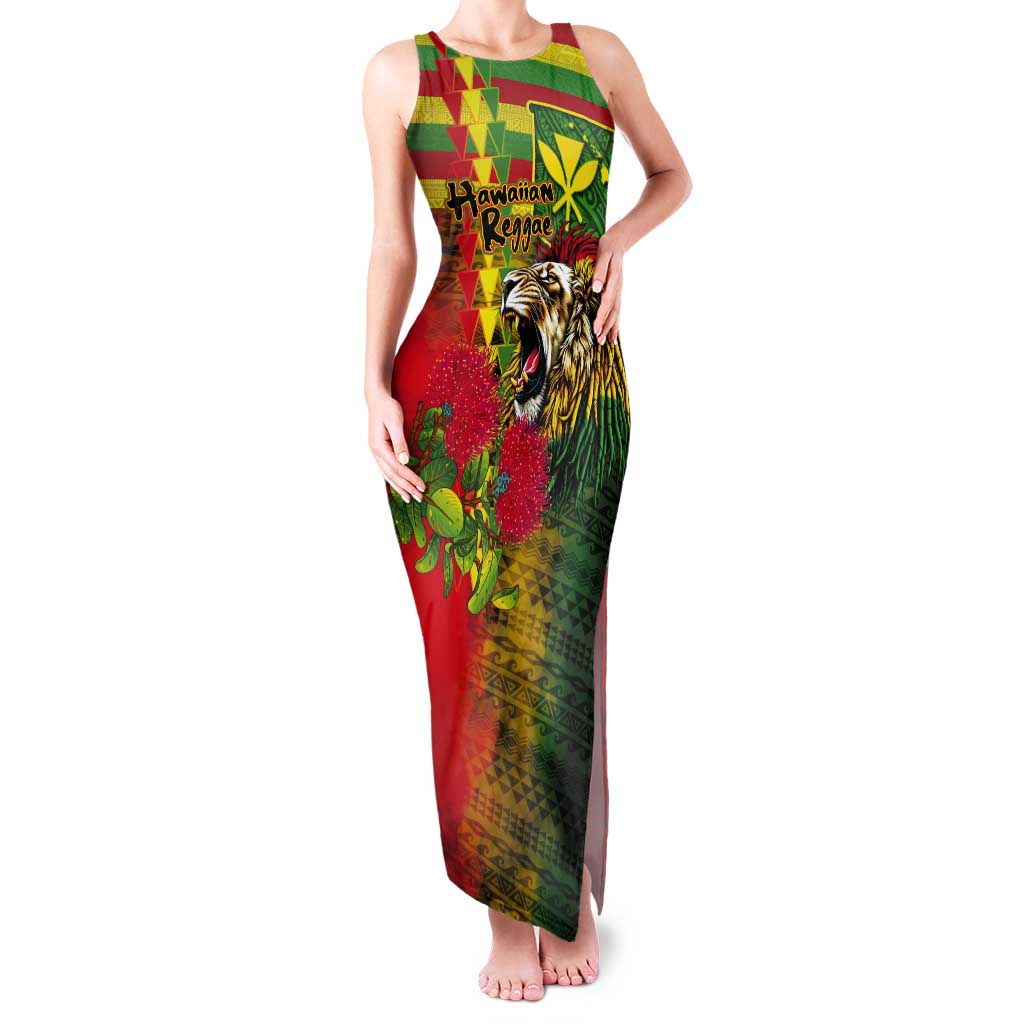 Hawaiian Reggae Tank Maxi Dress Kakau Art Motifs with Ohia Lehua and Rastafari Lion - Polynesian Pride
