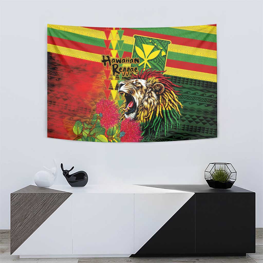 Hawaiian Reggae Tapestry Kakau Art Motifs with Ohia Lehua and Rastafari Lion - Polynesian Pride