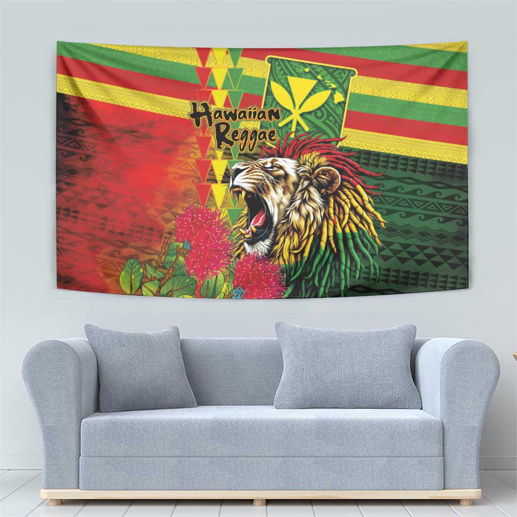 Hawaiian Reggae Tapestry Kakau Art Motifs with Ohia Lehua and Rastafari Lion - Polynesian Pride