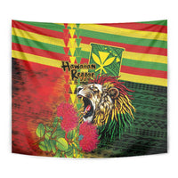 Hawaiian Reggae Tapestry Kakau Art Motifs with Ohia Lehua and Rastafari Lion - Polynesian Pride