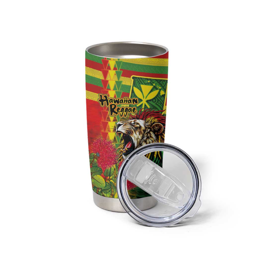 Hawaiian Reggae Tumbler Cup Kakau Art Motifs with Ohia Lehua and Rastafari Lion - Polynesian Pride