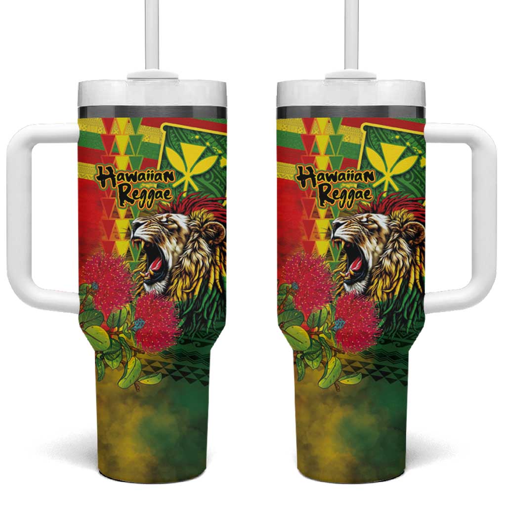 Hawaiian Reggae Tumbler With Handle Kakau Art Motifs with Ohia Lehua and Rastafari Lion - Polynesian Pride