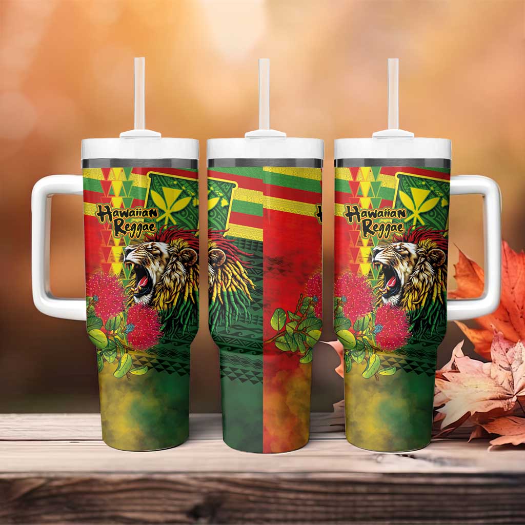 Hawaiian Reggae Tumbler With Handle Kakau Art Motifs with Ohia Lehua and Rastafari Lion - Polynesian Pride