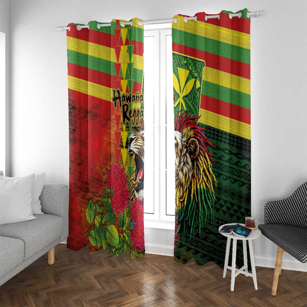 Hawaiian Reggae Window Curtain Kakau Art Motifs with Ohia Lehua and Rastafari Lion - Polynesian Pride