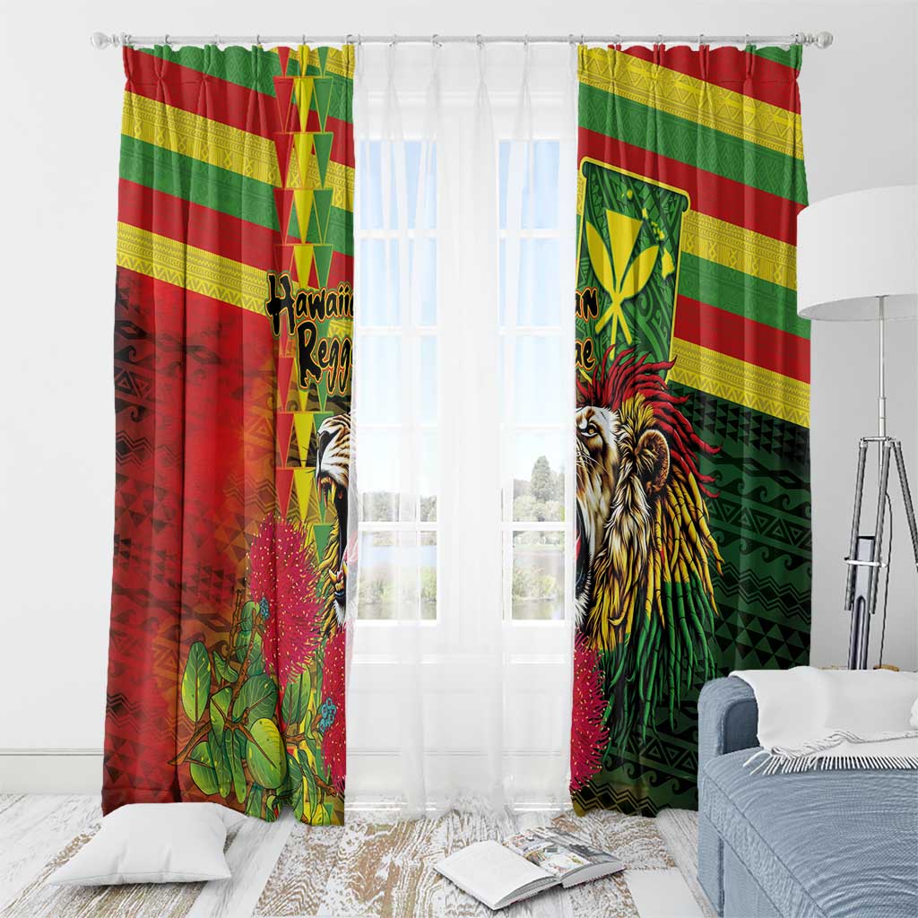 Hawaiian Reggae Window Curtain Kakau Art Motifs with Ohia Lehua and Rastafari Lion - Polynesian Pride