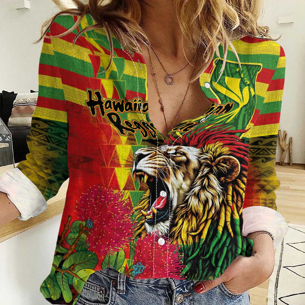 Hawaiian Reggae Women Casual Shirt Kakau Art Motifs with Ohia Lehua and Rastafari Lion - Polynesian Pride