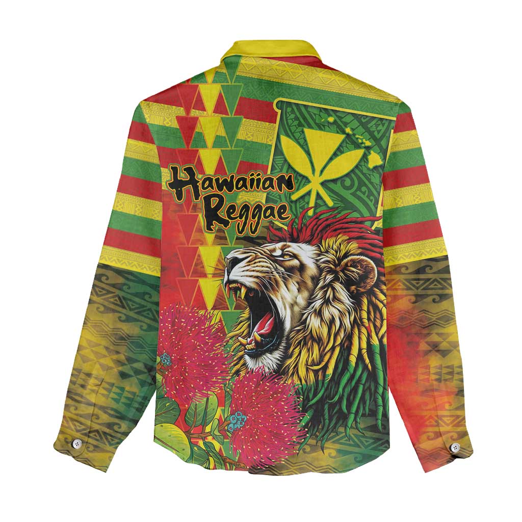 Hawaiian Reggae Women Casual Shirt Kakau Art Motifs with Ohia Lehua and Rastafari Lion - Polynesian Pride