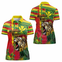Hawaiian Reggae Women Polo Shirt Kakau Art Motifs with Ohia Lehua and Rastafari Lion - Polynesian Pride