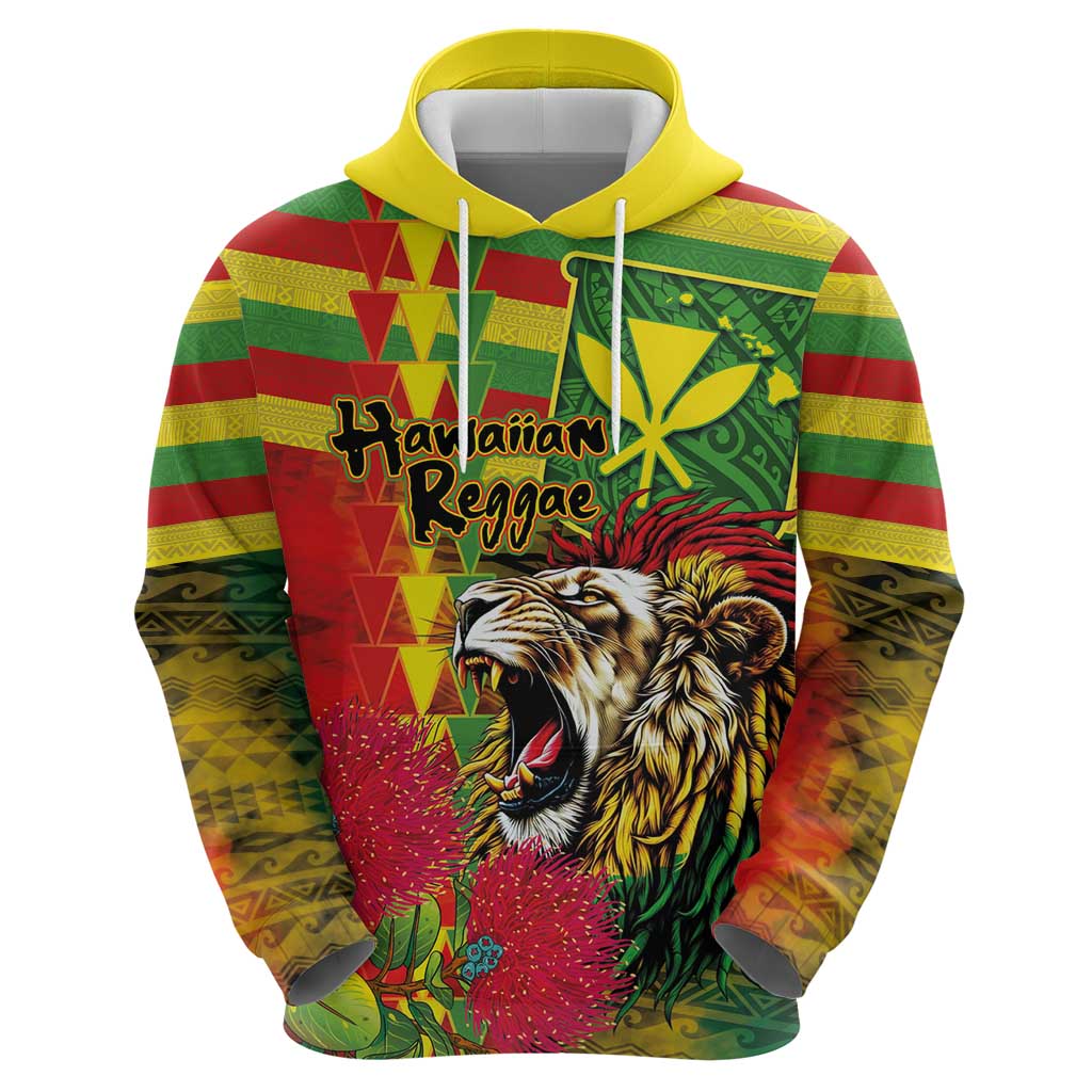 Hawaiian Reggae Zip Hoodie Kakau Art Motifs with Ohia Lehua and Rastafari Lion - Polynesian Pride