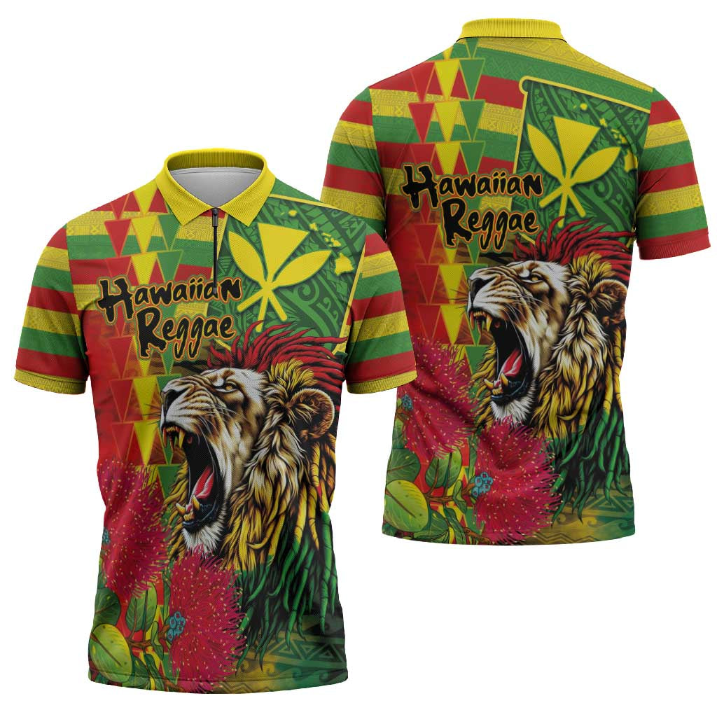 Hawaiian Reggae Zipper Polo Shirt Kakau Art Motifs with Ohia Lehua and Rastafari Lion - Polynesian Pride