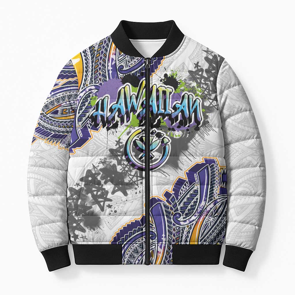 Traditional Art Hawaiian Kakau Tattoos Bomber Puffer Jacket Graffiti Style LT03 Unisex White - Polynesian Pride
