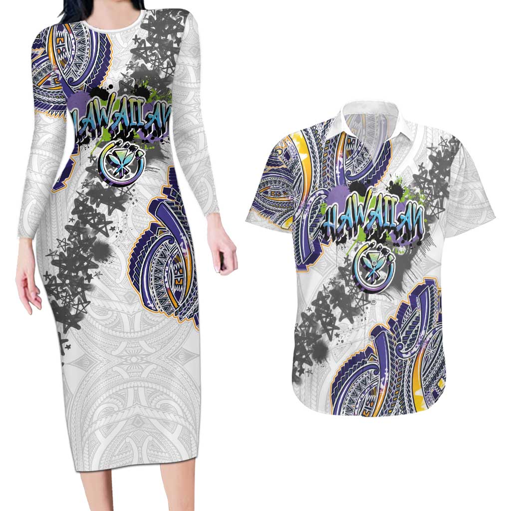 Traditional Art Hawaiian Kakau Tattoos Couples Matching Long Sleeve Bodycon Dress and Hawaiian Shirt Graffiti Style - Polynesian Pride