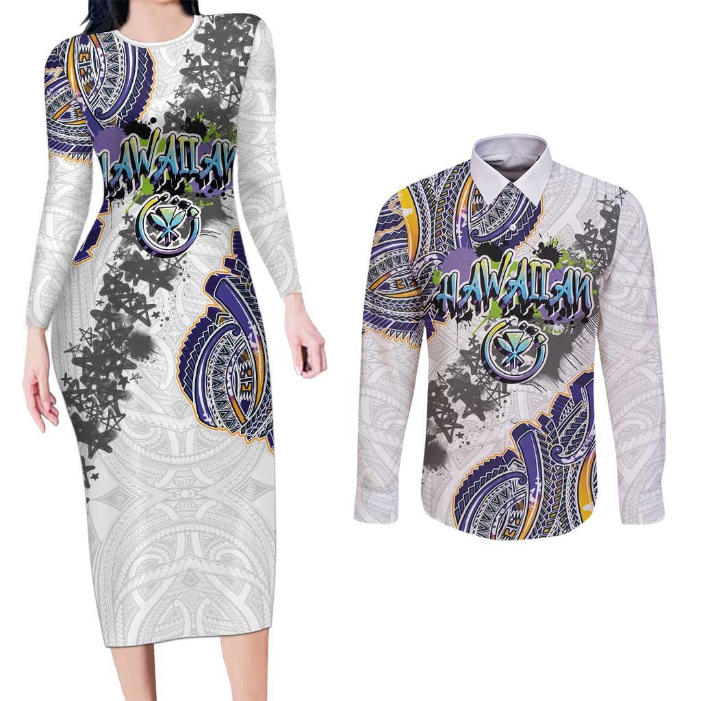 Traditional Art Hawaiian Kakau Tattoos Couples Matching Long Sleeve Bodycon Dress and Long Sleeve Button Shirt Graffiti Style - Polynesian Pride