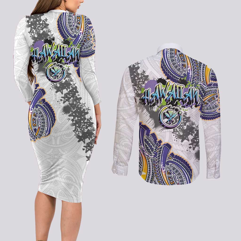 Traditional Art Hawaiian Kakau Tattoos Couples Matching Long Sleeve Bodycon Dress and Long Sleeve Button Shirt Graffiti Style - Polynesian Pride