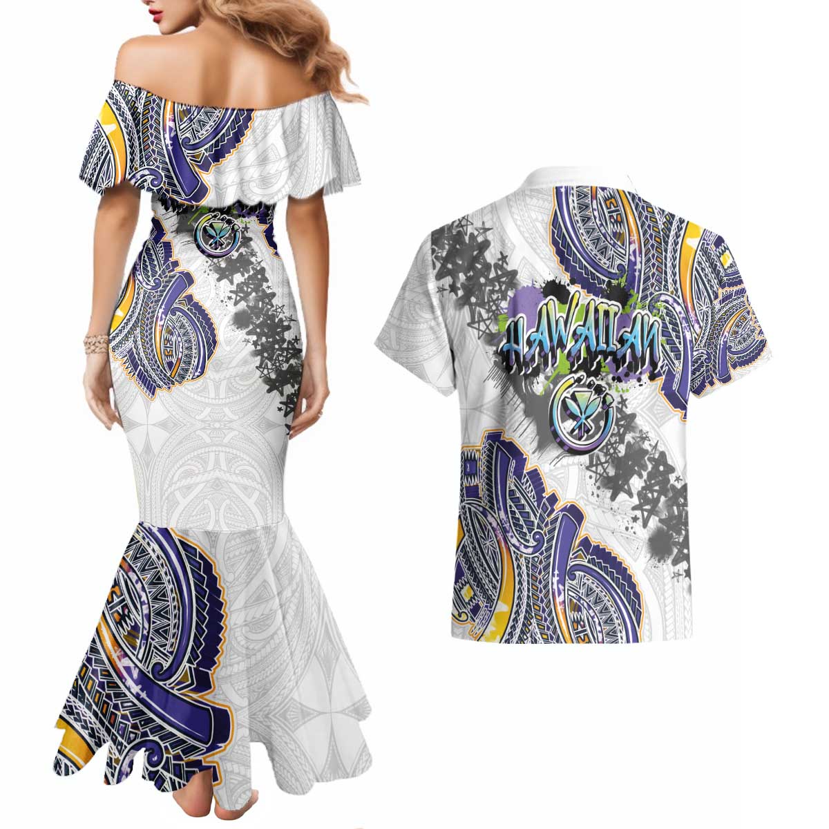 Traditional Art Hawaiian Kakau Tattoos Couples Matching Mermaid Dress and Hawaiian Shirt Graffiti Style - Polynesian Pride
