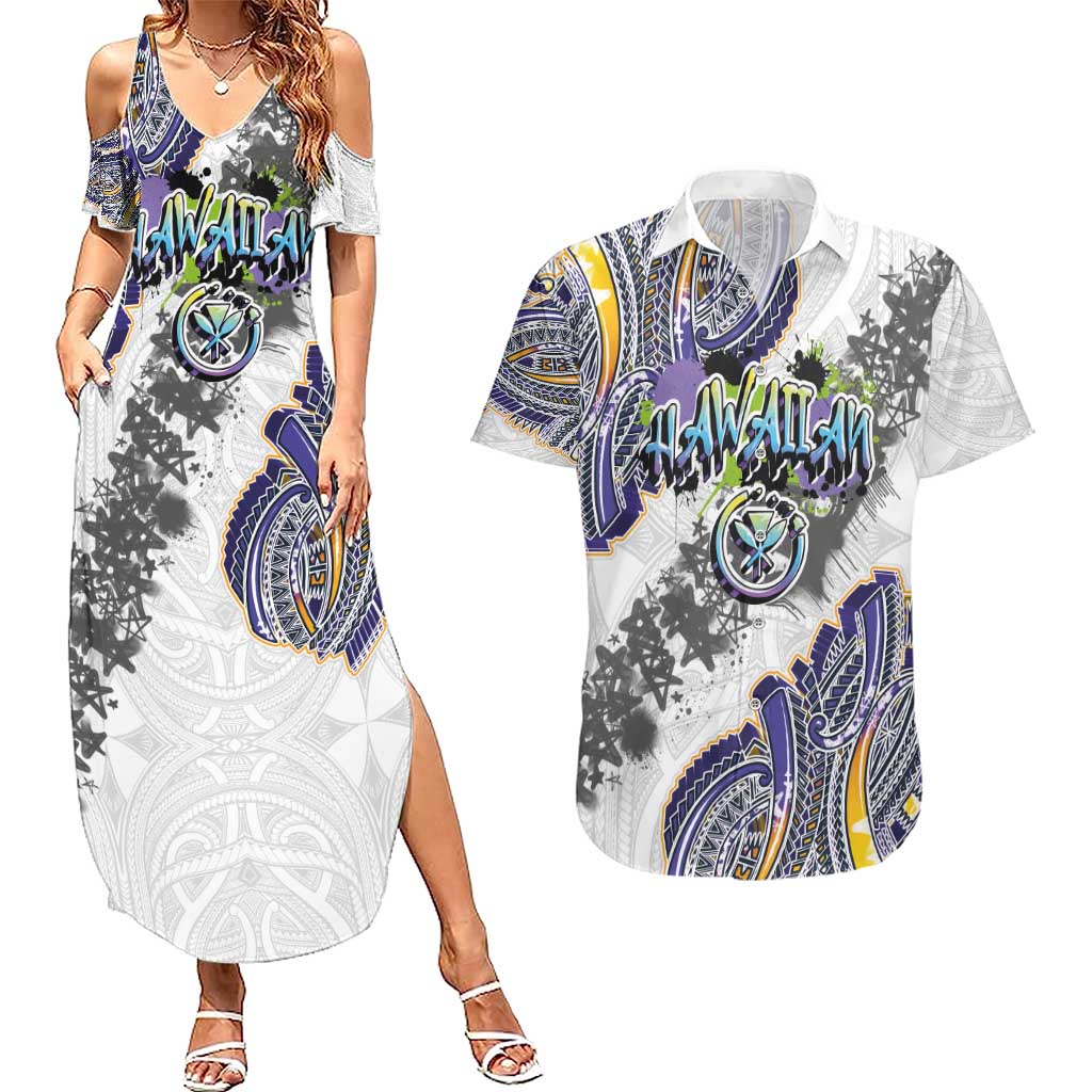 Traditional Art Hawaiian Kakau Tattoos Couples Matching Summer Maxi Dress and Hawaiian Shirt Graffiti Style - Polynesian Pride